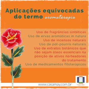 Imagem com fundo laranja traz do laod esquerdo o desenho de uma rosa com pétalas vermelhas e o seguinte texto: Aplicações equivocadas do termo aromaterapia.