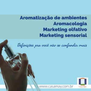 A imagem traz a foto de uma mão apertando a válvula de um frasco de perfume de ambientes e a frase: Aromatização de ambientes, aromacologia, marketing olfativo, marketing sensorial: definições pra você não se confundir mais. Completam a imagem o desenho de uma janela aberta com floreira, que é o logo da Casa Máy, e o site www.casamay.com.br.