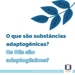 A imagem traz o desenho de um ramo com 5 folhas e a frase: O que são substâncias adaptogênicas? Os OEs são adpatogênicos?