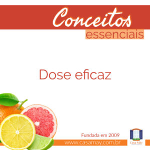 A imagem mostra 2 fatias, 1 gomo e 1 fruta inteira de citros e a frase: Conceitos essenciais: dose eficaz. Completam a imagem o desenho de uma janela aberta com floreira, que é o logo da Casa Máy, fundada em 2009, e o site www.casamay.com.br.