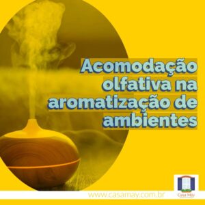 A imagem traz a foto de um aromatizador de ambiente que produz uma névoa fria de água, em funcionamento, e a frase: Acomodação olfativa na aromatização de ambientes. Completam a imagem o desenho de uma janela aberta com floreira, que é o logo da Casa Máy, fundada em 2009, e o site www.casamay.com.br.