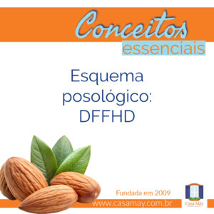 A imagem mostra 2 folhas e 4 sementes cruas de amêndoas, descascadas e a frase: Conceitos essenciais: esquema posológico: DFFHD. Completam a imagem o desenho de uma janela aberta com floreira, que é o logo da Casa Máy, fundada em 2009, e o site www.casamay.com.br.