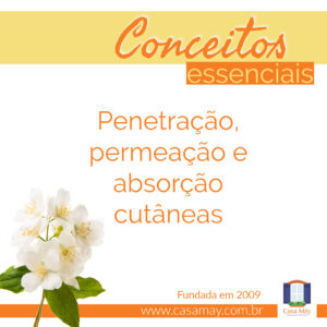 A imagem mostra a foto de um ramo com flores de laranjeira e a frase: Conceitos essenciais: penetração, permeação e absorção cutâneas. Completam a imagem o desenho de uma janela aberta com floreira, que é o logo da Casa Máy, fundada em 2009, e o site www.casamay.com.br.