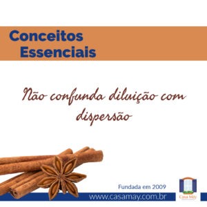 A imagem traz a fotos de 3 ramos de canela e uma semente de anis-estrelado secos e a frase: Conceitos essenciais: não confunda diluição com dispersão. Completam a imagem o desenho de uma janela aberta com floreira, que é o logo da Casa Máy, fundada em 2009, e o site www.casamay.com.br.