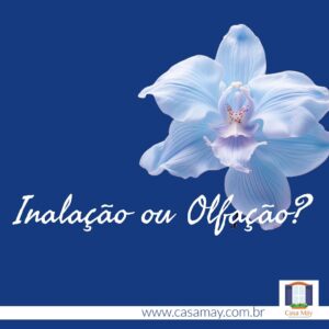 A imagem mostra a foto de uma flor de orquídea em tons azuis e lilases claros e a frase: Inalação ou olfação? Completam a imagem o desenho de uma janela aberta com floreira, que é o logo da Casa Máy, fundada em 2009, e o site www.casamay.com.br.