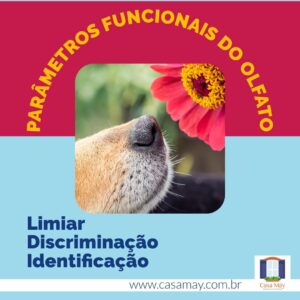 A imagem mostra o detalhe do focinho de um cachorro cheirando uma flor com pétalas vermelhas e a frase: Parâmetros funcionais do olfato: limiar, discriminação, identificação. Completam a imagem o desenho de uma janela aberta com floreira, que é o logo da Casa Máy, fundada em 2009, e o site www.casamay.com.br.