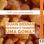 A imagem mostra o detalhe de pedras de cor âmbar de mirra e o texto: Teste seus conhecimentos: Quais dessas resinas também é uma goma? Completam a imagem o desenho de uma janela aberta com floreira, que é o logo da Casa Máy, fundada em 2009, e o site www.casamay.com.br.