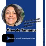 A imagem mostra a foto de rosto da Mayra, sorrindo, com cabelos ondulados e grisalhos, curtos. Está escrito: Óleo de tamanu. Circulação venosa, dores reumáticas, eczemas... Assista no You Tube da @ mayra c castro. Completam a imagem o o logotipo do You Tube e desenho de uma janela aberta com floreira, que é o logo da Casa Máy, fundada em 2009, e o site www.casamay.com.br.